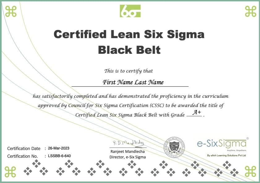 Sample Lean Six Sigma Green Belt Certificate